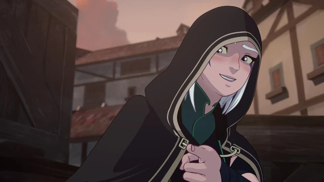 Rayla in her hooded human disguise, grinning while hiding her horns
