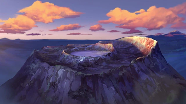 The Moon Nexus caldera at dusk, a still lake cupped in a mountaintop