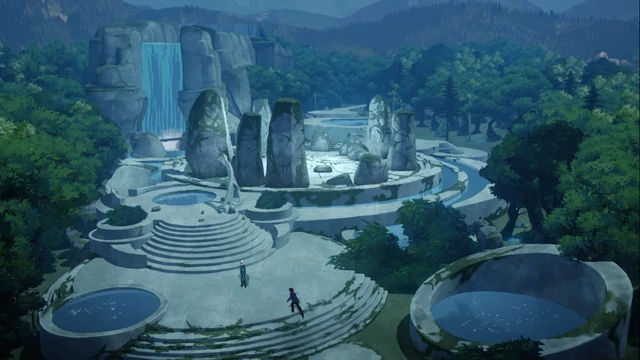 Moonhenge, ancient standing stones ringed by forest and waterfalls