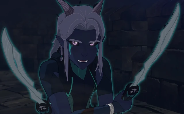 Rayla in Moonshadow form, her skin darkened to shadow and her twin blades glowing pale