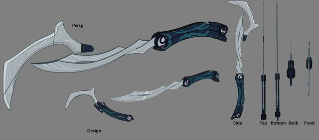 Official concept art sheet of Rayla's folding twin blades, shown open and closed from several angles