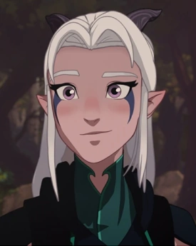 Rayla smiling softly, white hair framing her violet eyes and dark curved horns