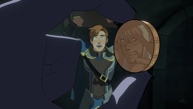 A gold coin held up close, a trapped elf's face pressed against its surface
