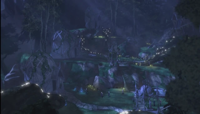 The Silvergrove at night, its paths and homes lit by strings of soft lanterns among the trees