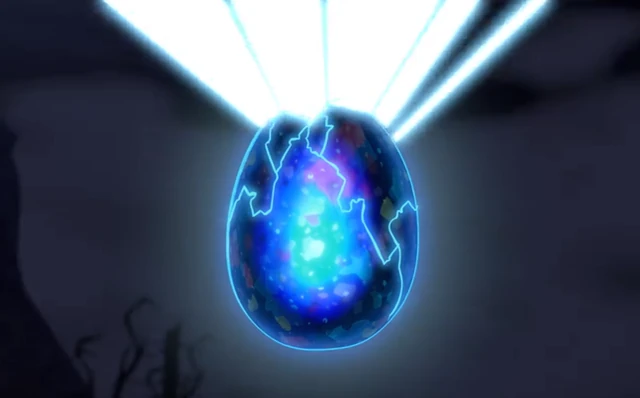 The egg of the Dragon Prince glowing blue and violet in the dark